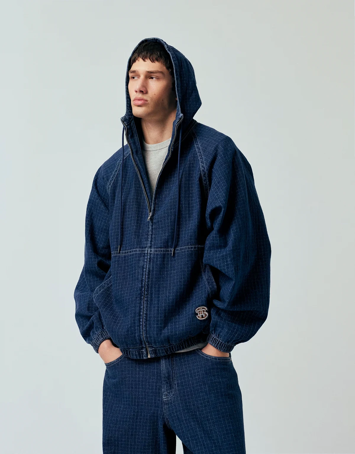 – Oversize-Kapuzenpullover aus Denim in Blau kariert, Kombiteil