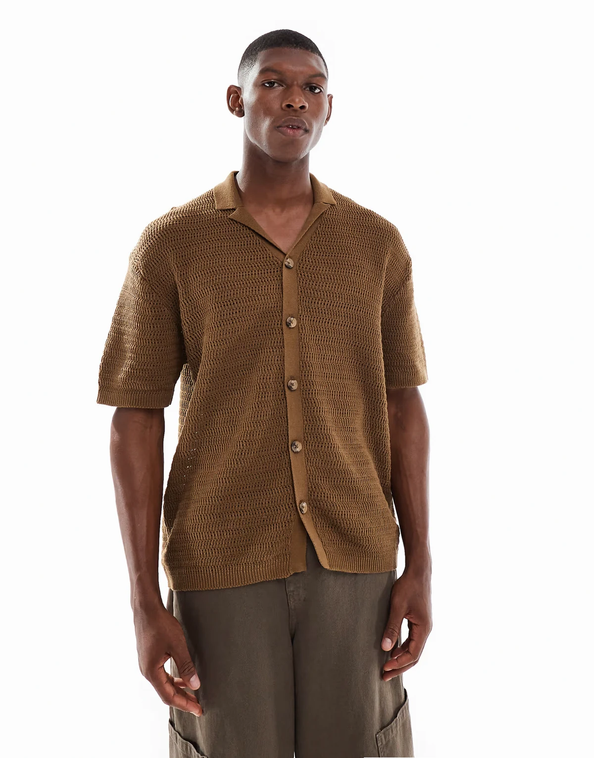relaxed fit crochet shirt with camp collar in brown