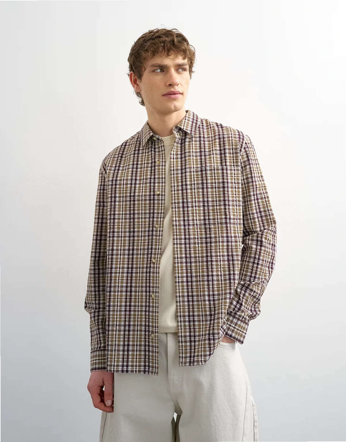 regular fit textured plaid shirt in brown