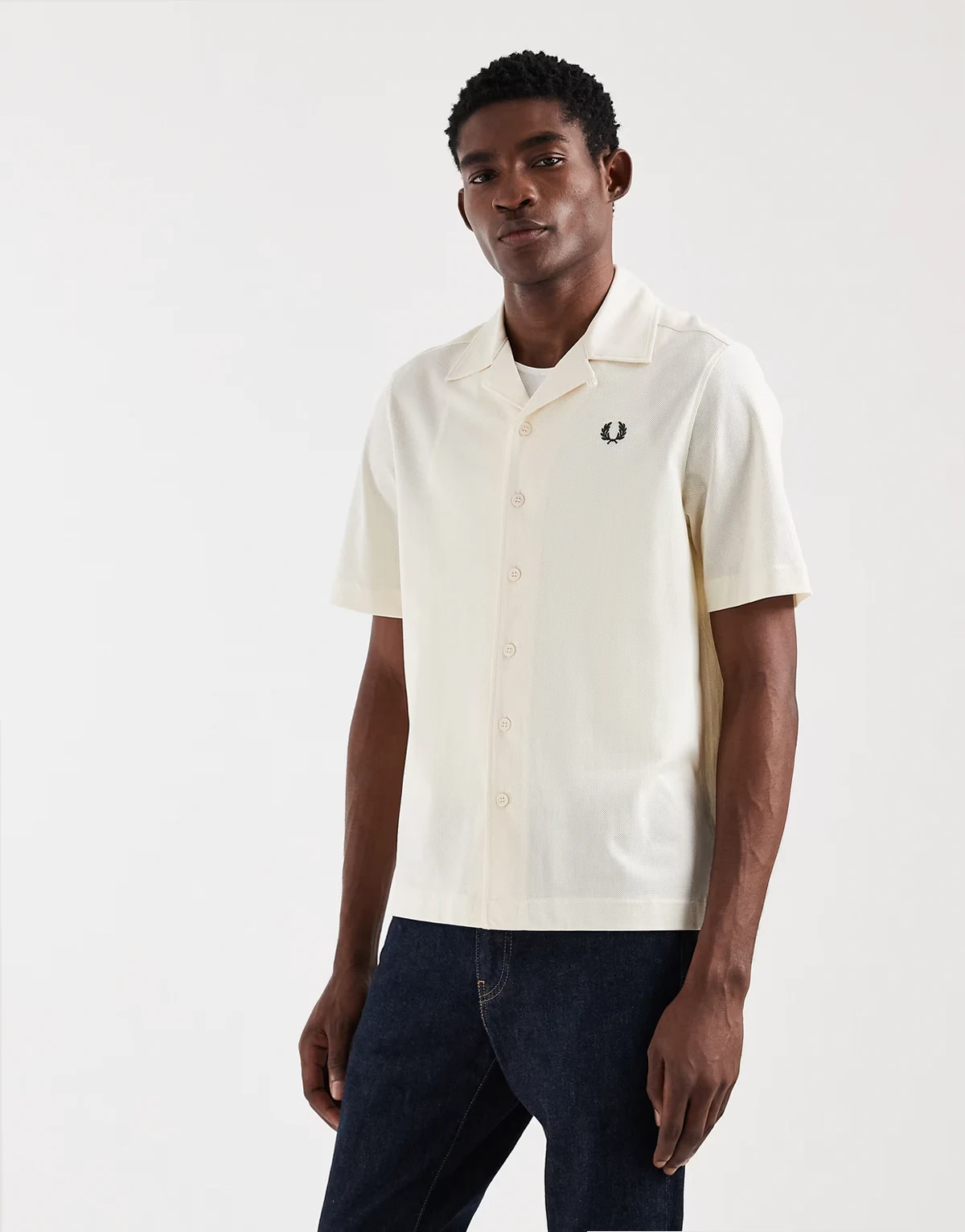 short sleeve camp collar logo shirt in ecru