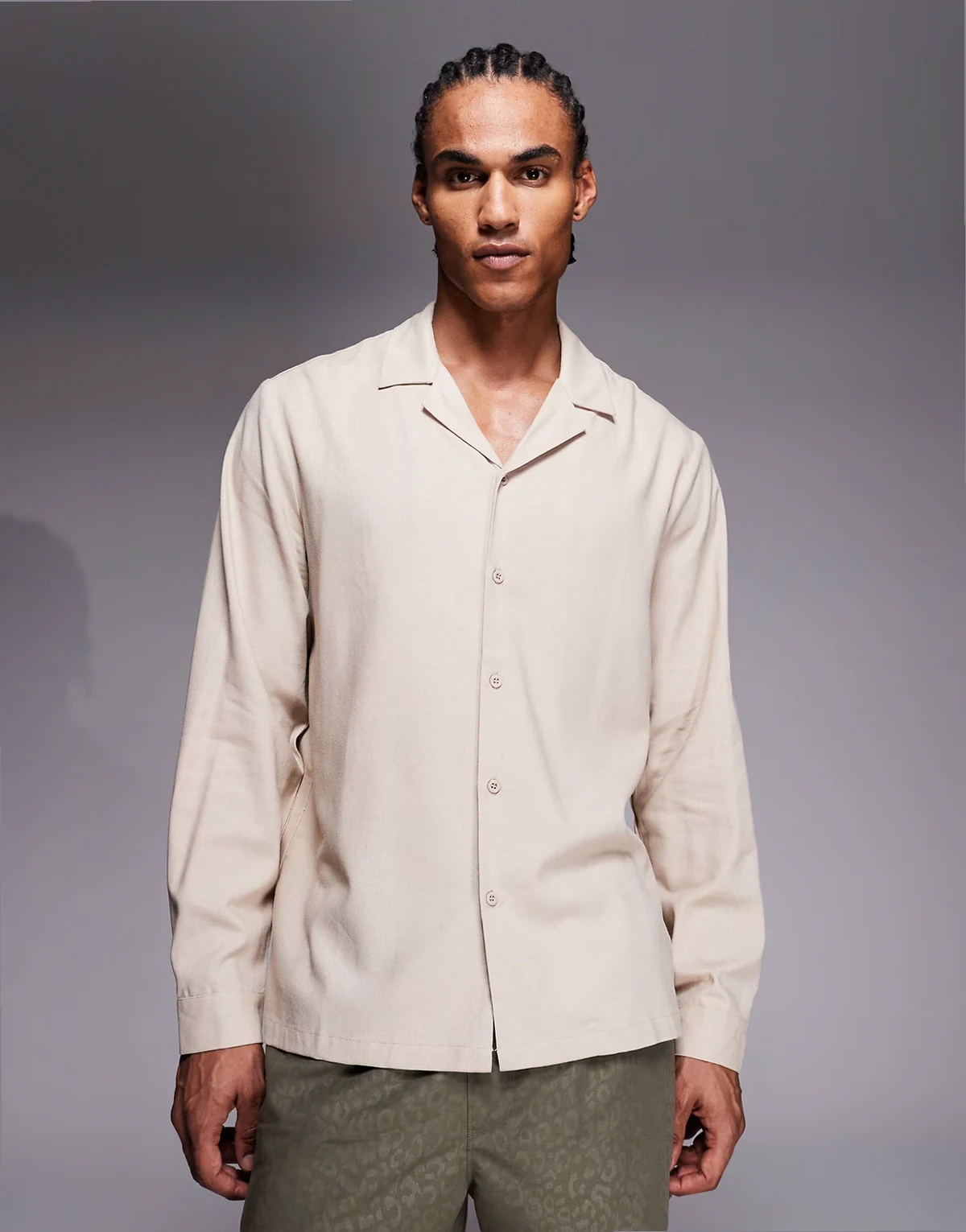 long sleeve linen blend shirt in beige