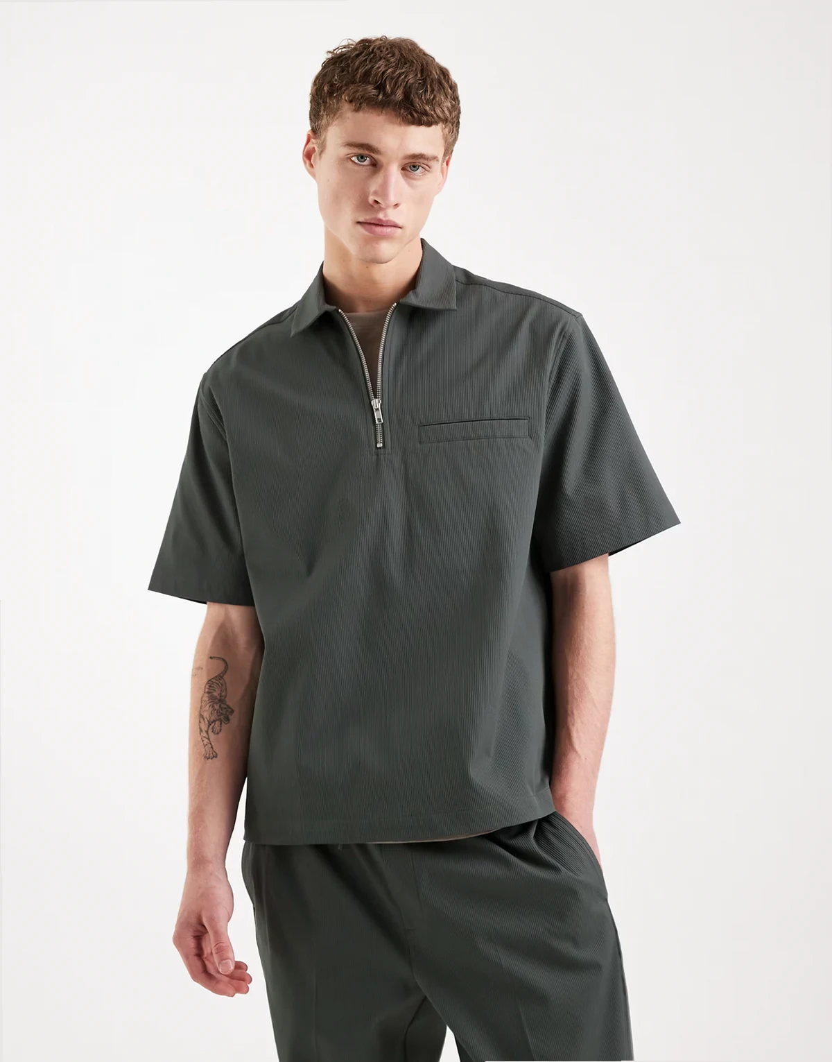 zip up relaxed over the head shirt in khaki green - part of a set