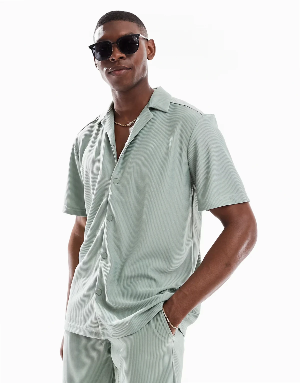 plisse camp collar shirt in sage green - part of a set