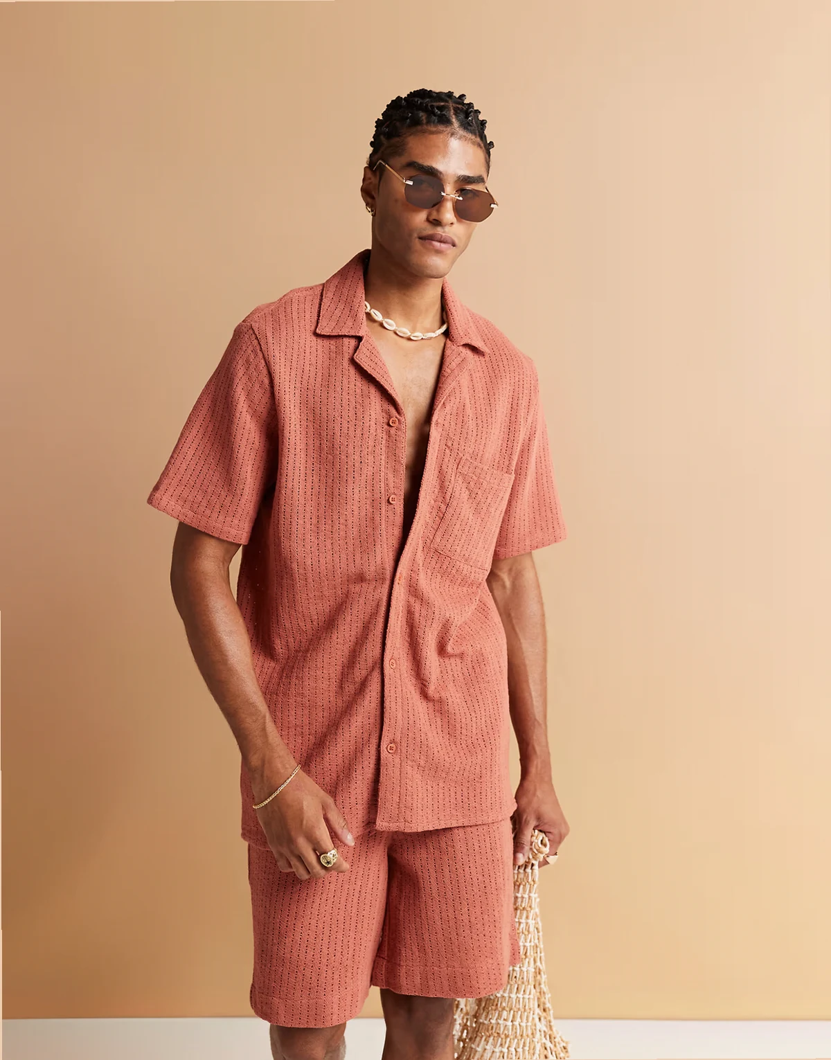 camp collar knit beach shirt in rust