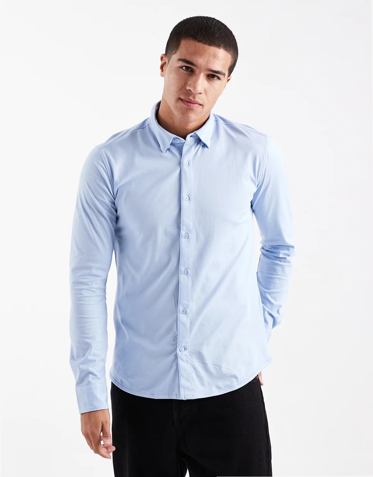 slim fit long sleeve shirt with stretch in light blue