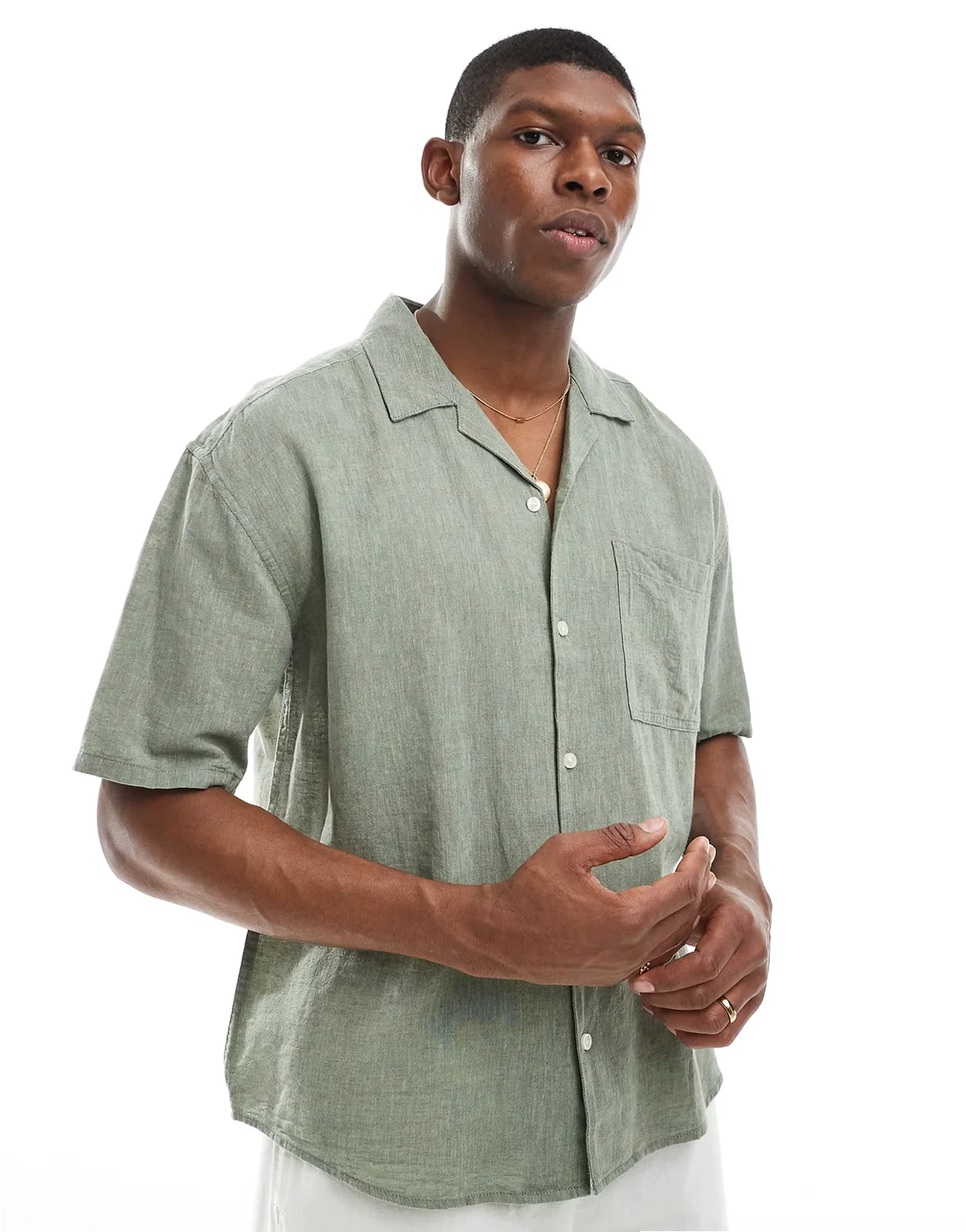 linen mix relaxed resort shirt in sage