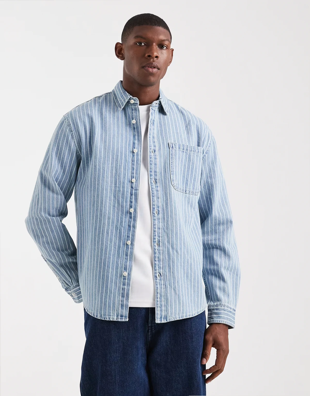 boxy denim striped shirt in blue and white