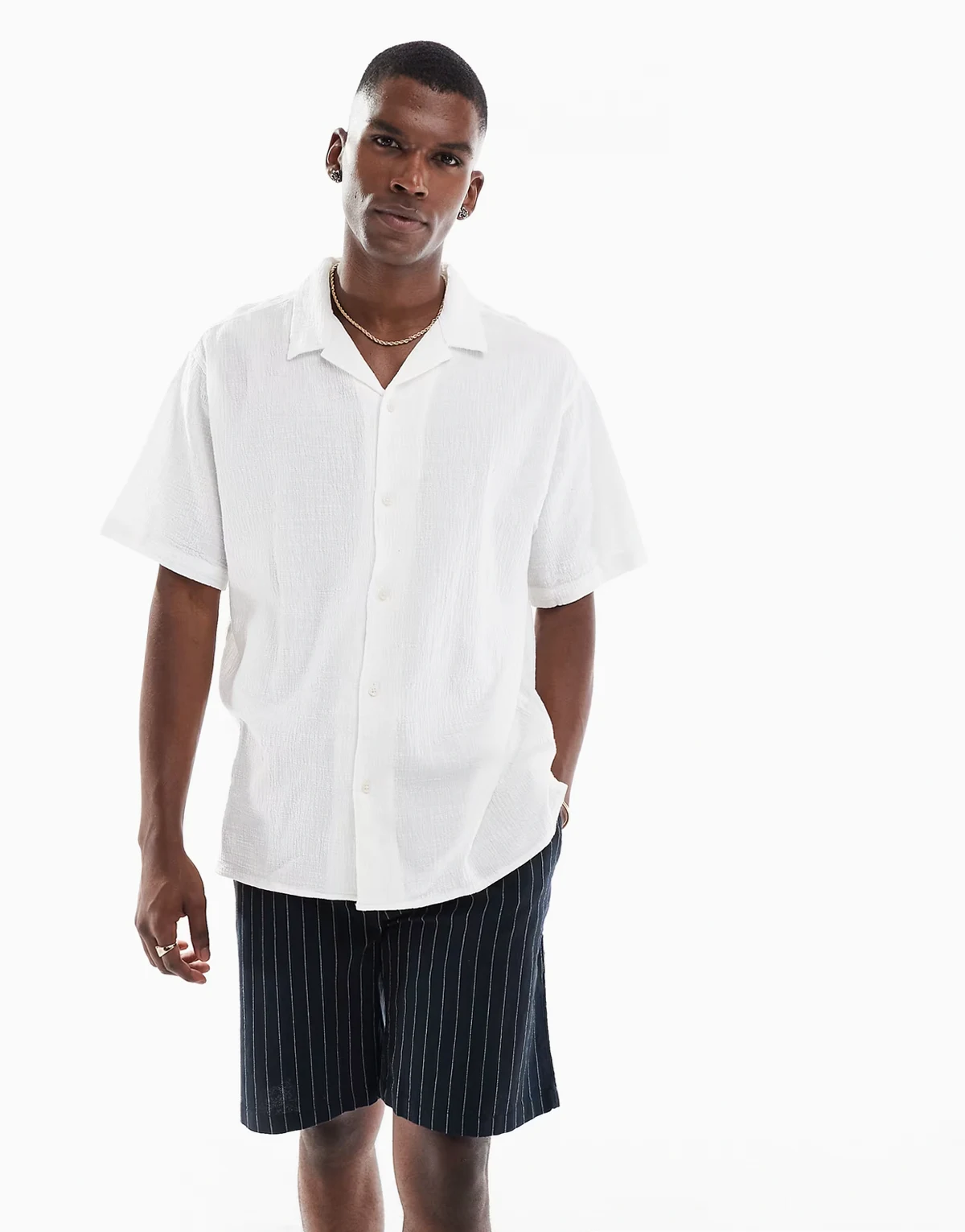 camp collar shirt in crinkle texture white