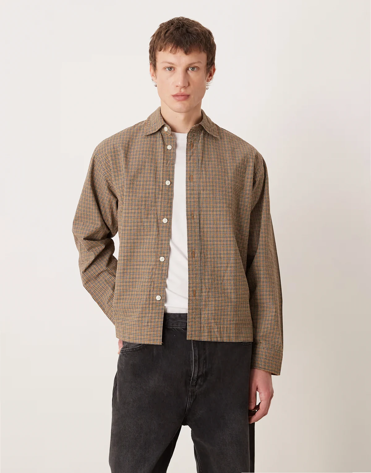 oversized boxy plaid shirt in brown