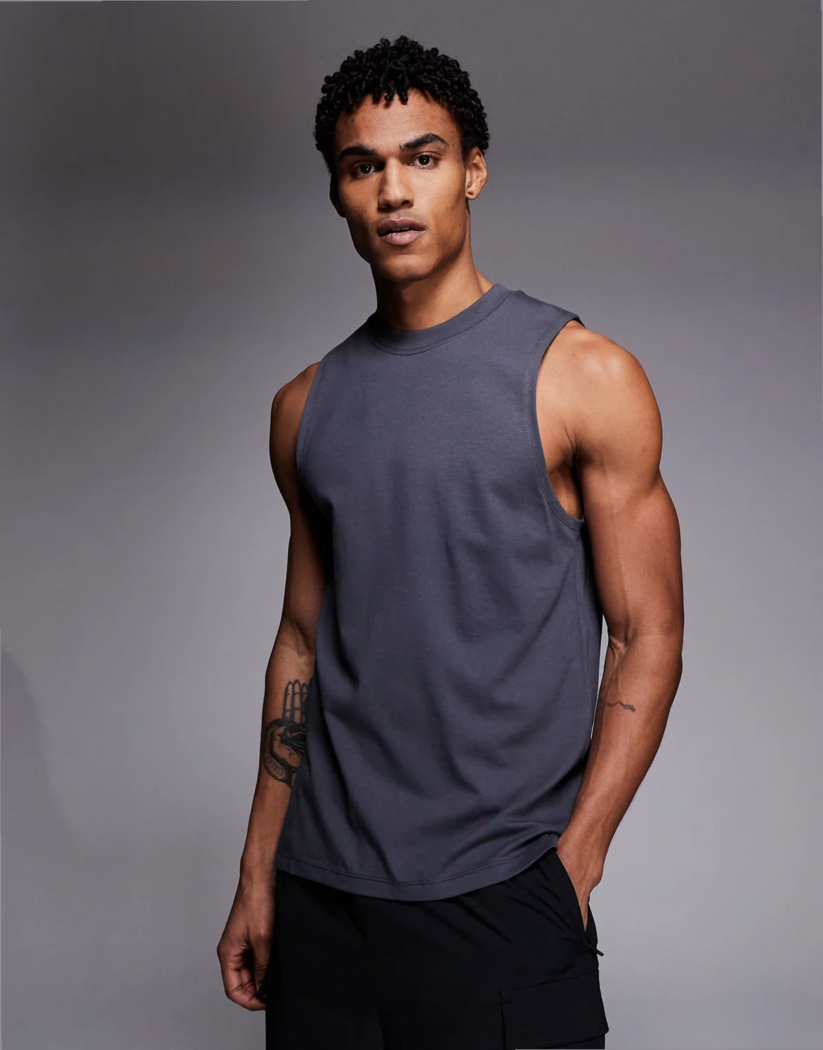 Icon dropped armholes cotton training tank top with quick dry finish in charcoal