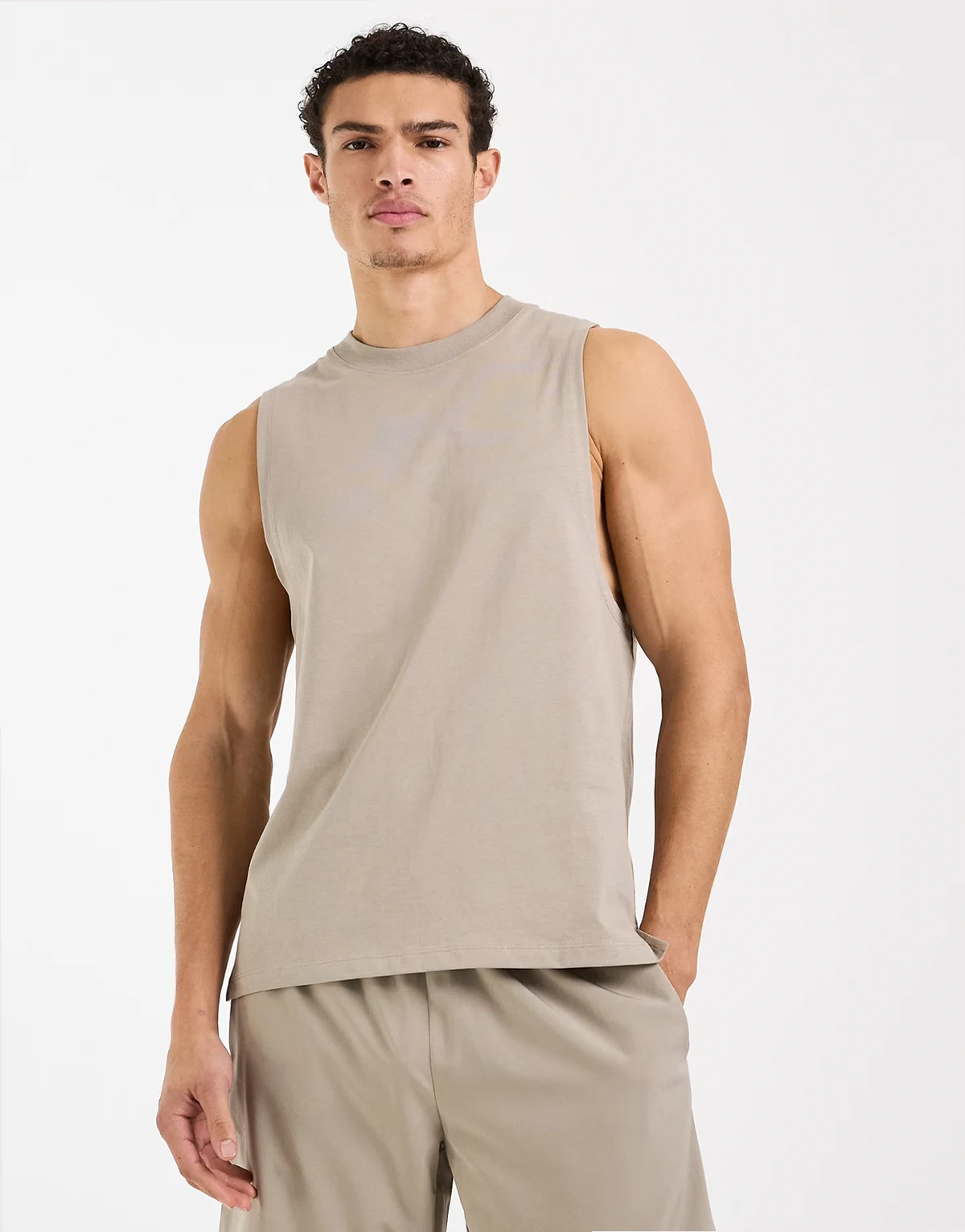 Icon cotton dropped armholes training tank top with quick dry finish in greige