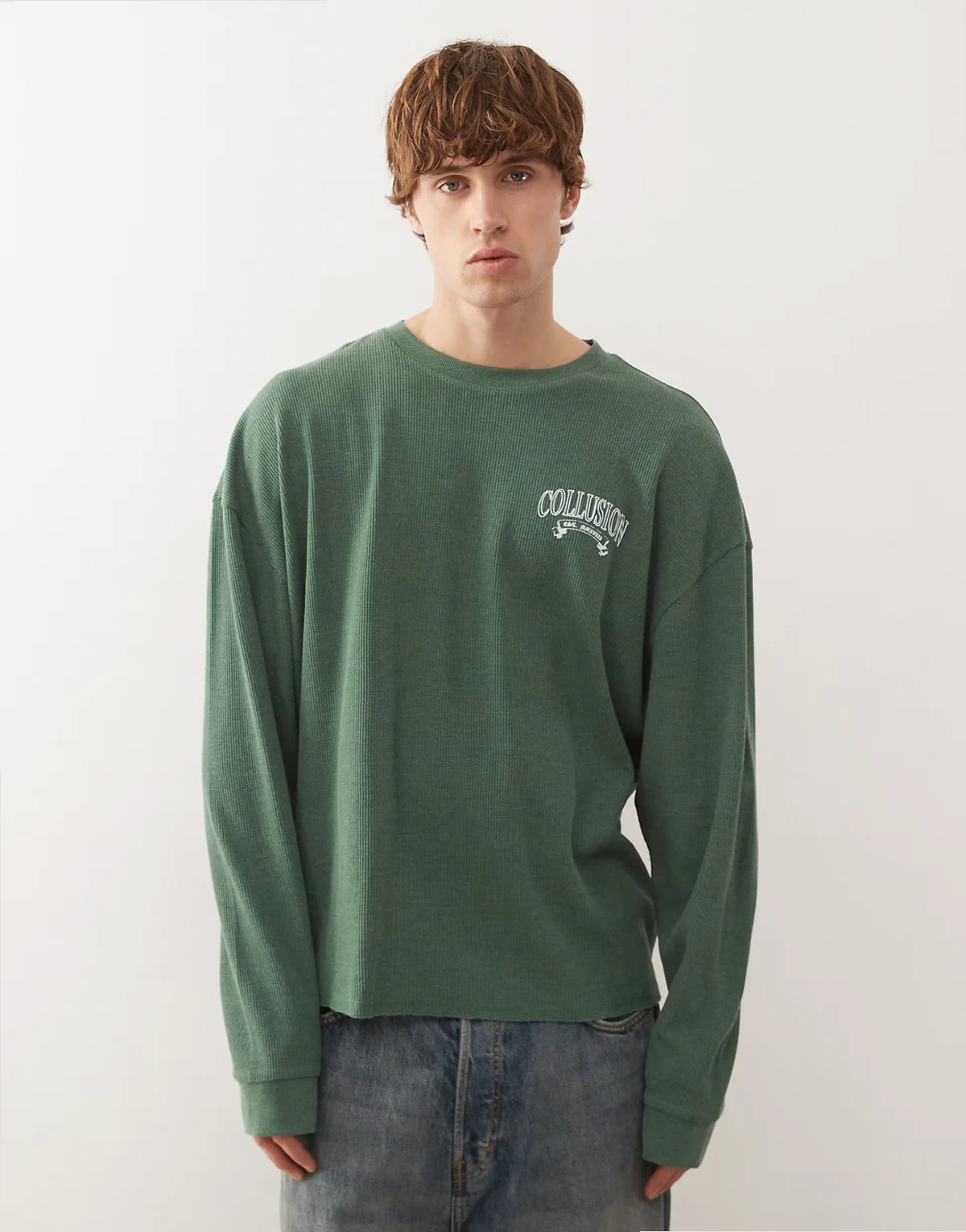 Long sleeve T-shirt in waffle in green with print