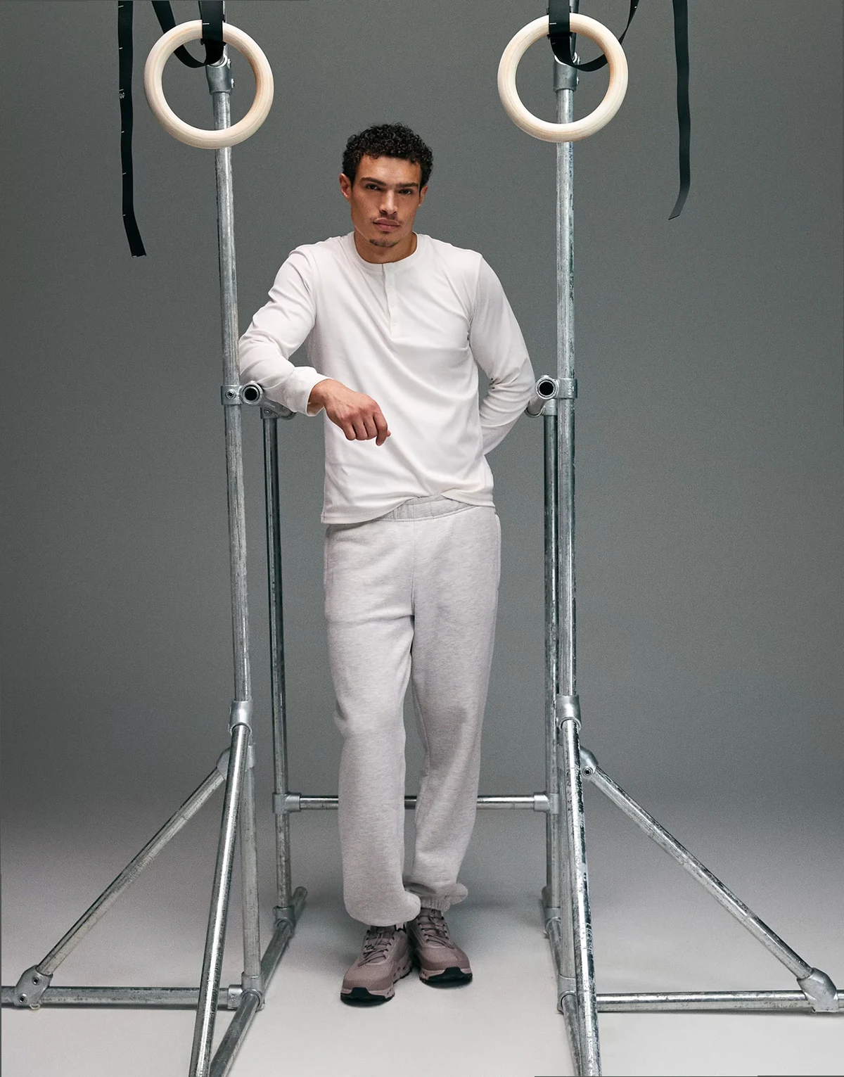 slim fit quick dry engineered ribbed long sleeve henley in off white