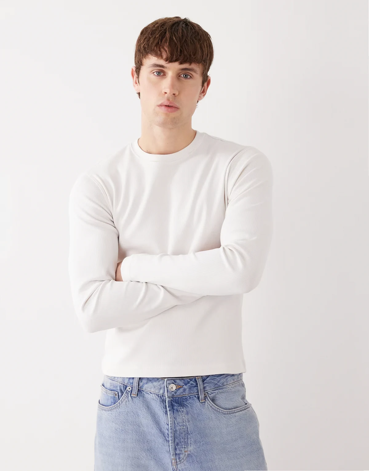 slim fit rib knit long sleeve t-shirt in off white