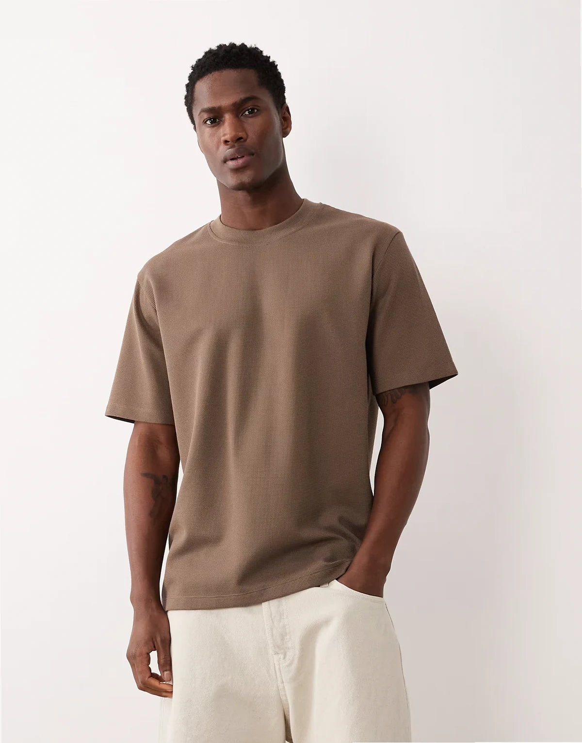 waffle knit t-shirt in light brown