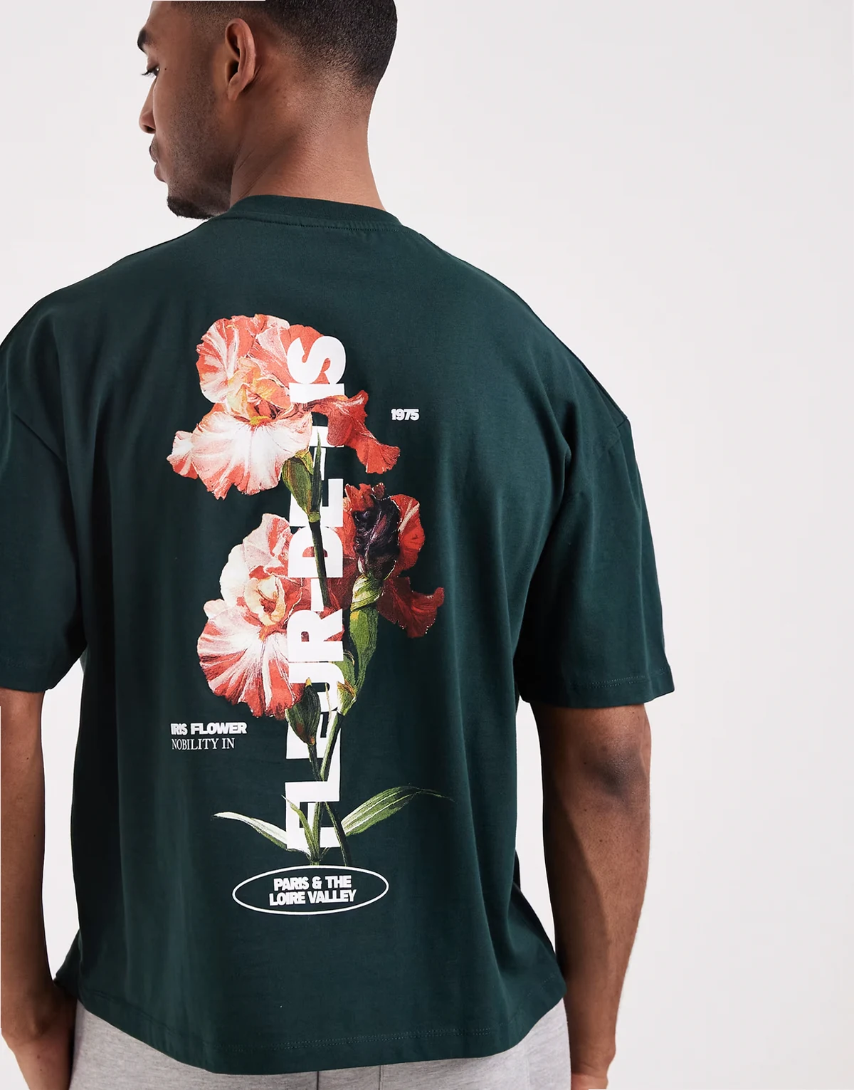 – Kastiges Oversize-T-Shirt in Dunkelgrün mit Blumenprint