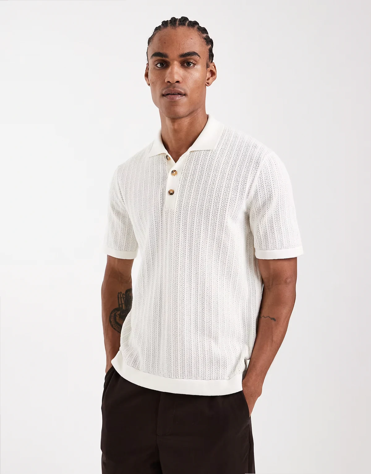 open knit polo shirt in cream