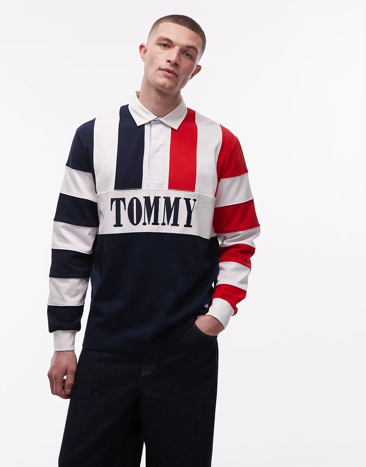 relaxed fit archive rugby shirt in navy & red stripe