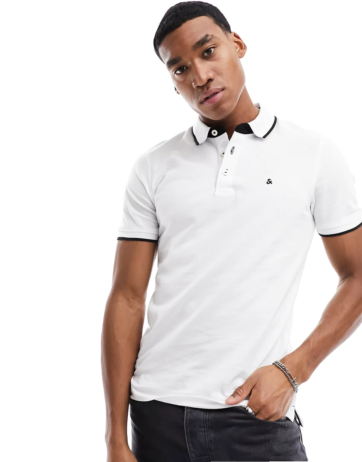 Essentials slim fit tipped pique logo polo in white