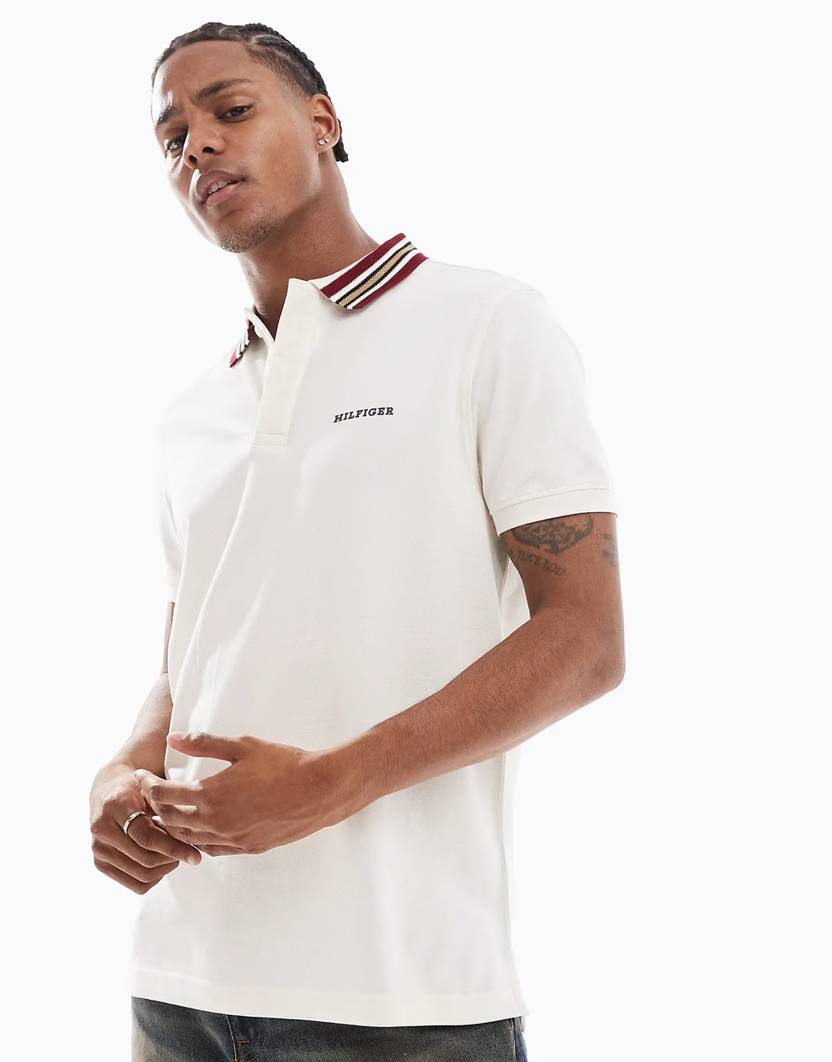 striped collar polo shirt in off white