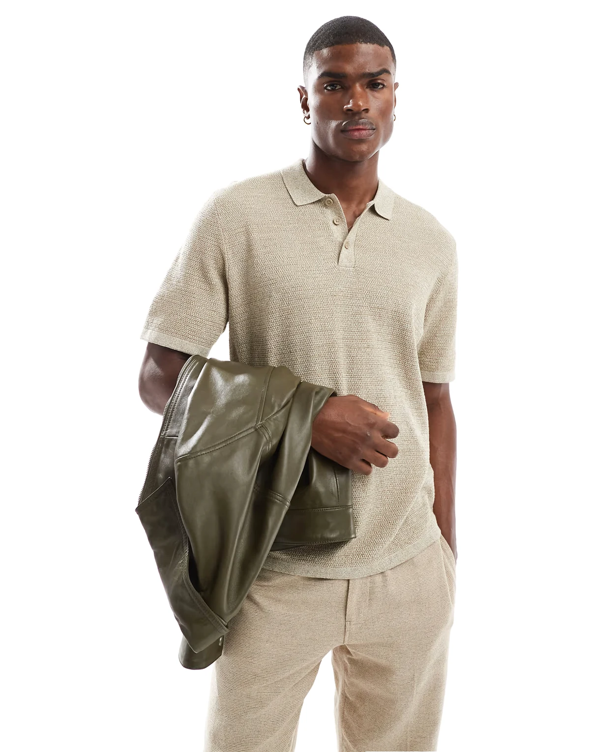 textured knitted polo in beige