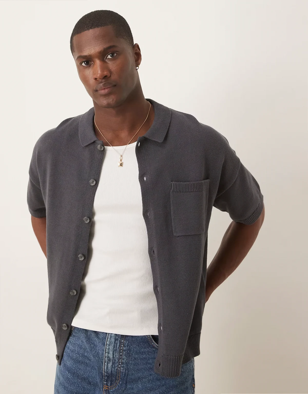 relaxed midweight knit cotton button up polo in charcoal