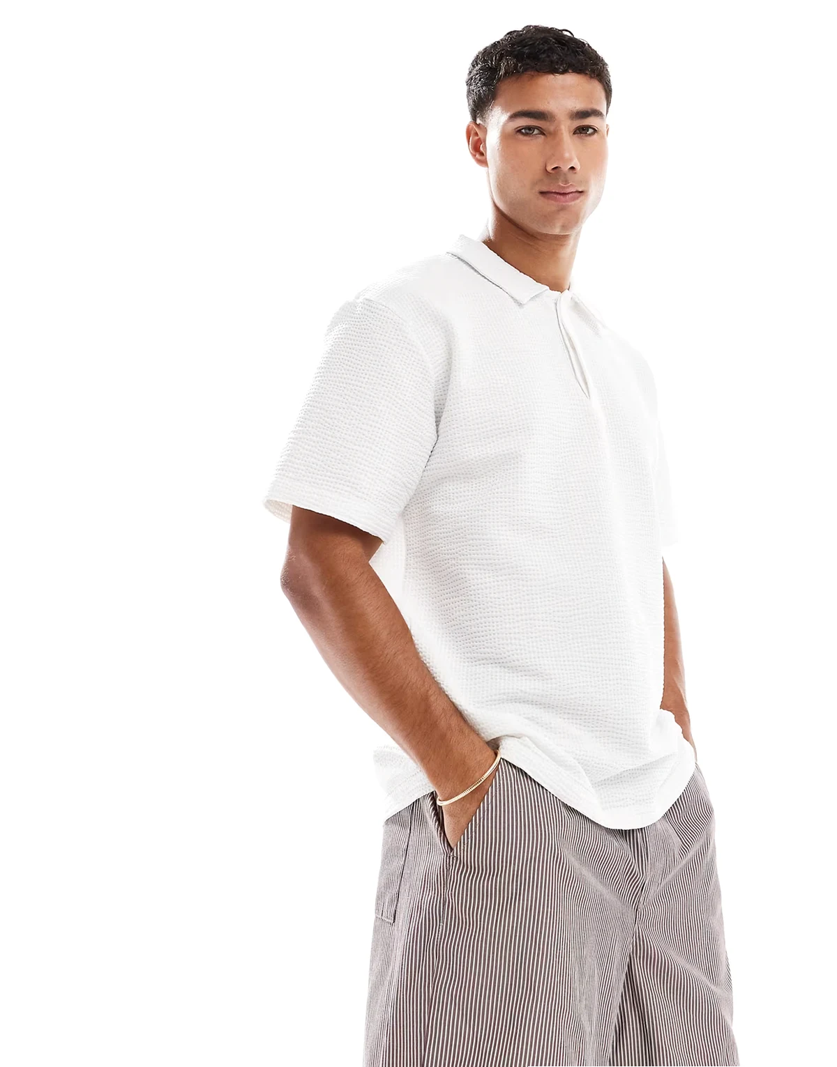 textured oversized polo shirt in white