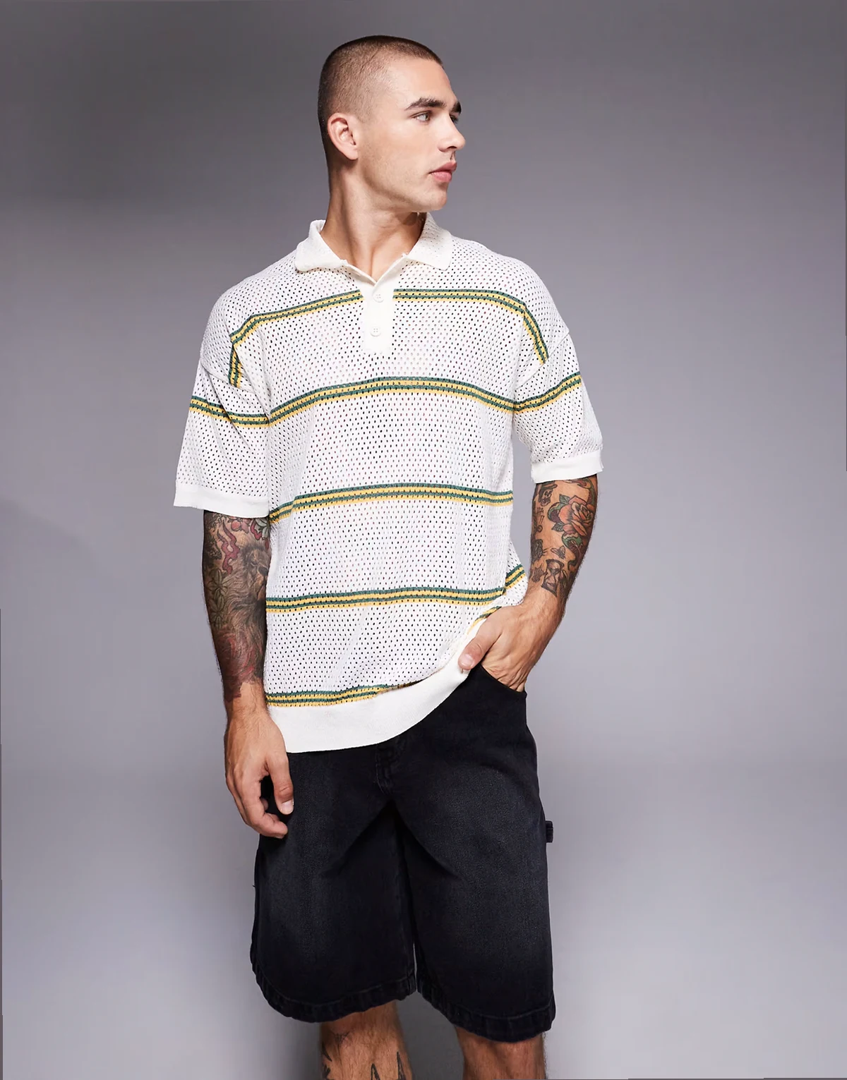 relaxed airtex stripe knitted polo in cream