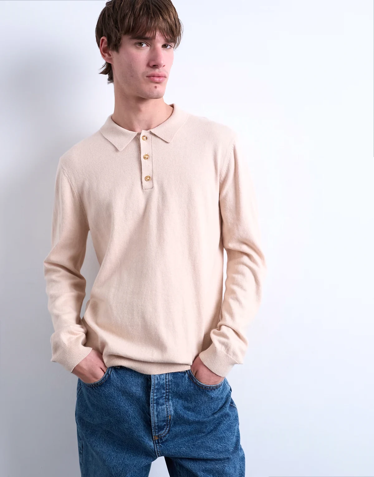 – Essential – Gestricktes Polohemd in Steinbeige mit Knopfleiste
