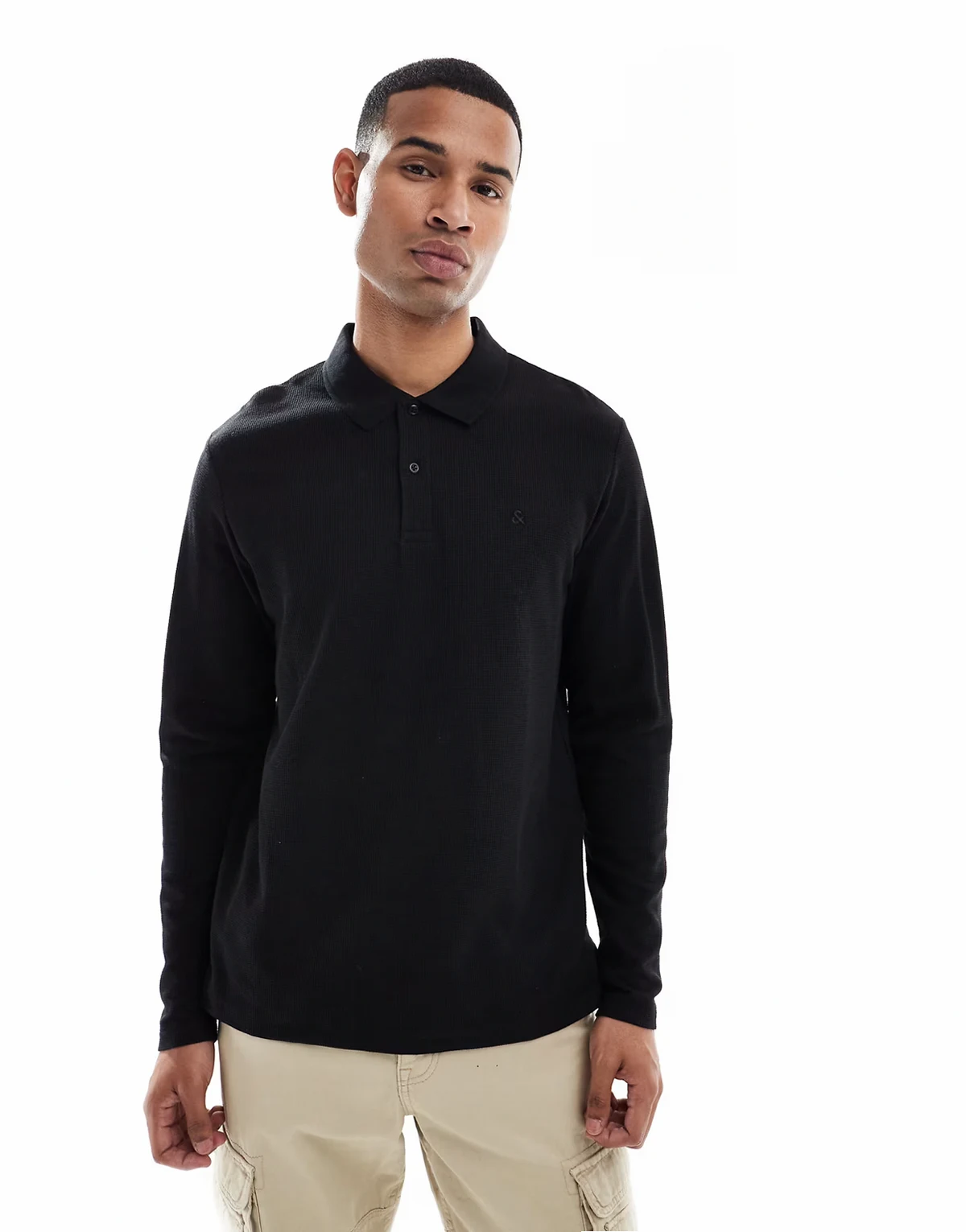 textured polo shirt with long sleeves in black