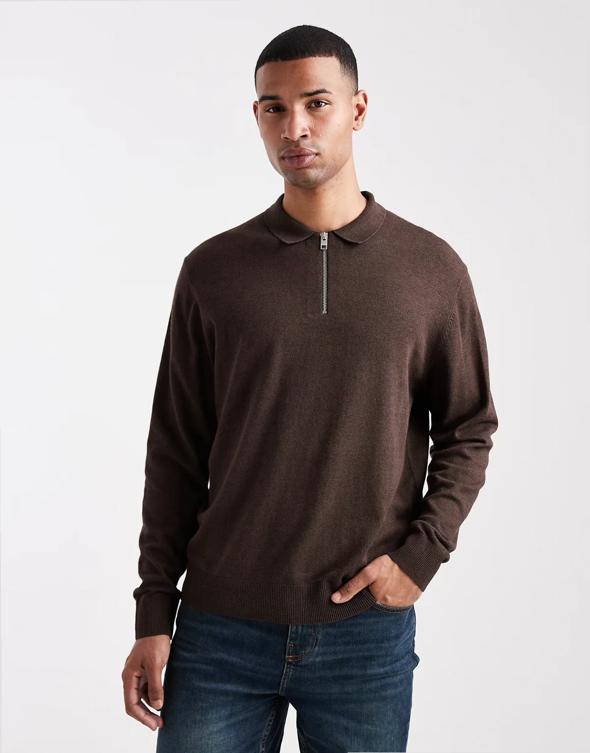 quarter zip knit polo shirt in brown