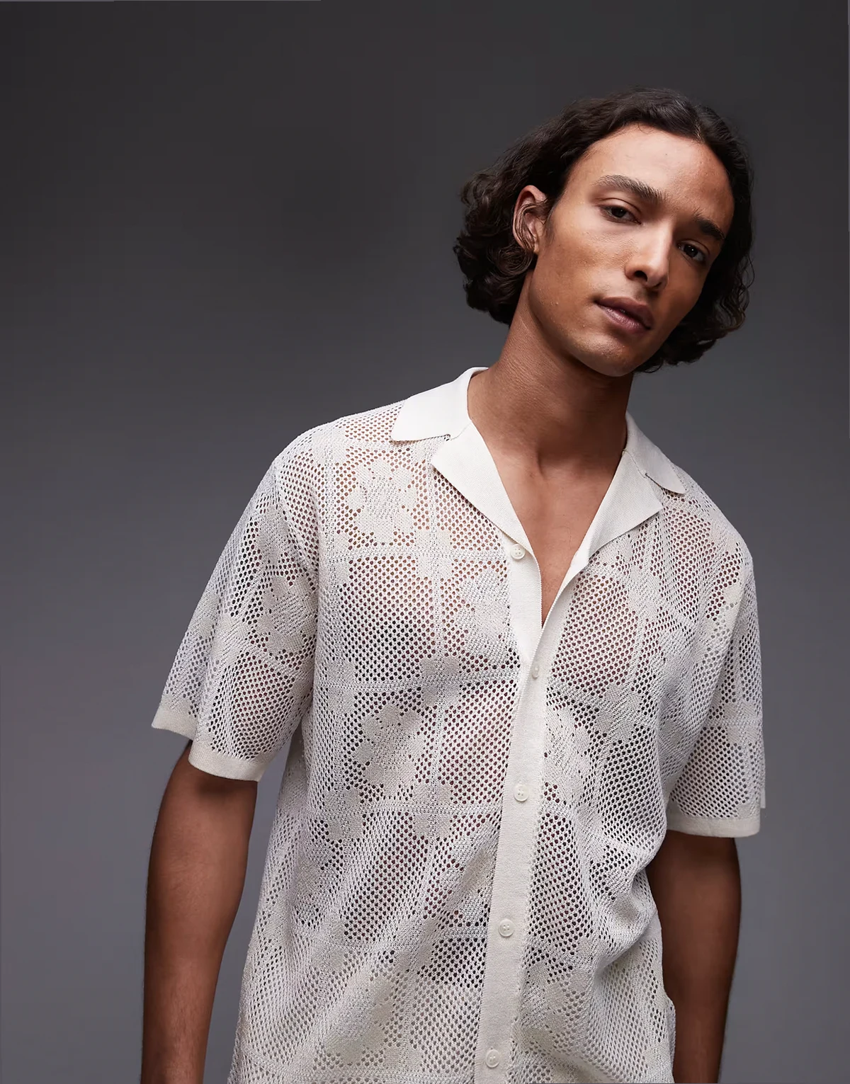 camp collar floral crochet shirt in ecru