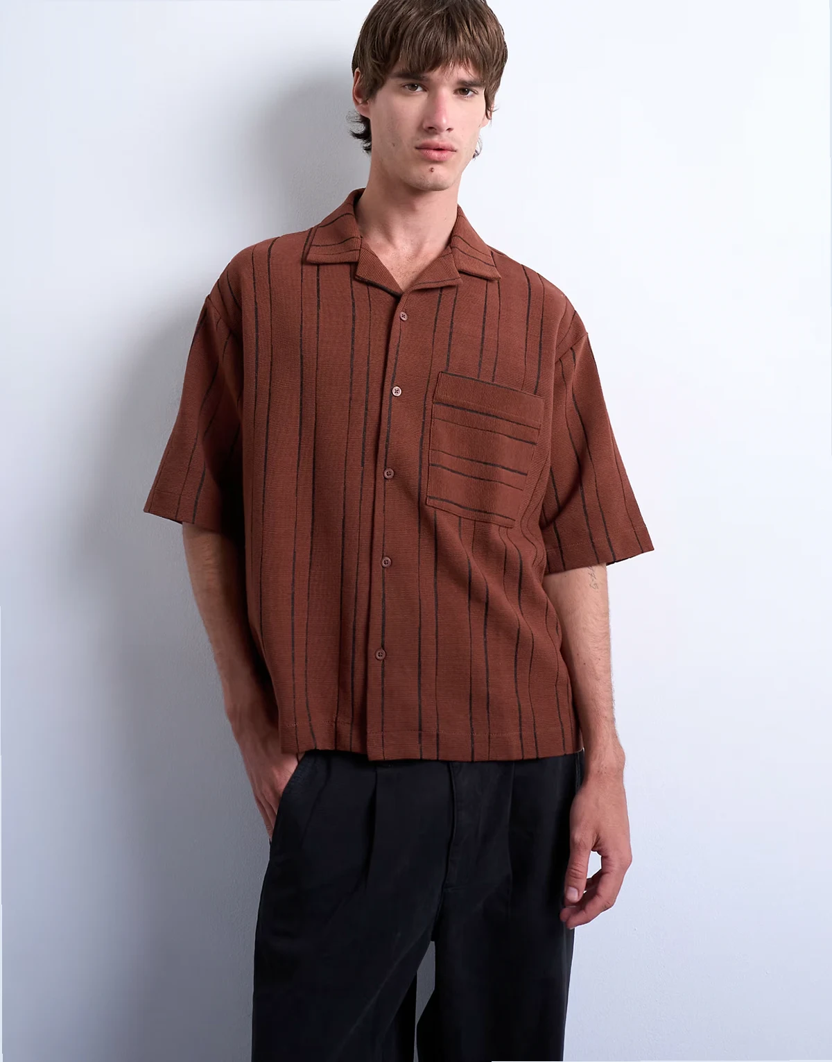 relaxed fit textured striped button down polo shirt in brown
