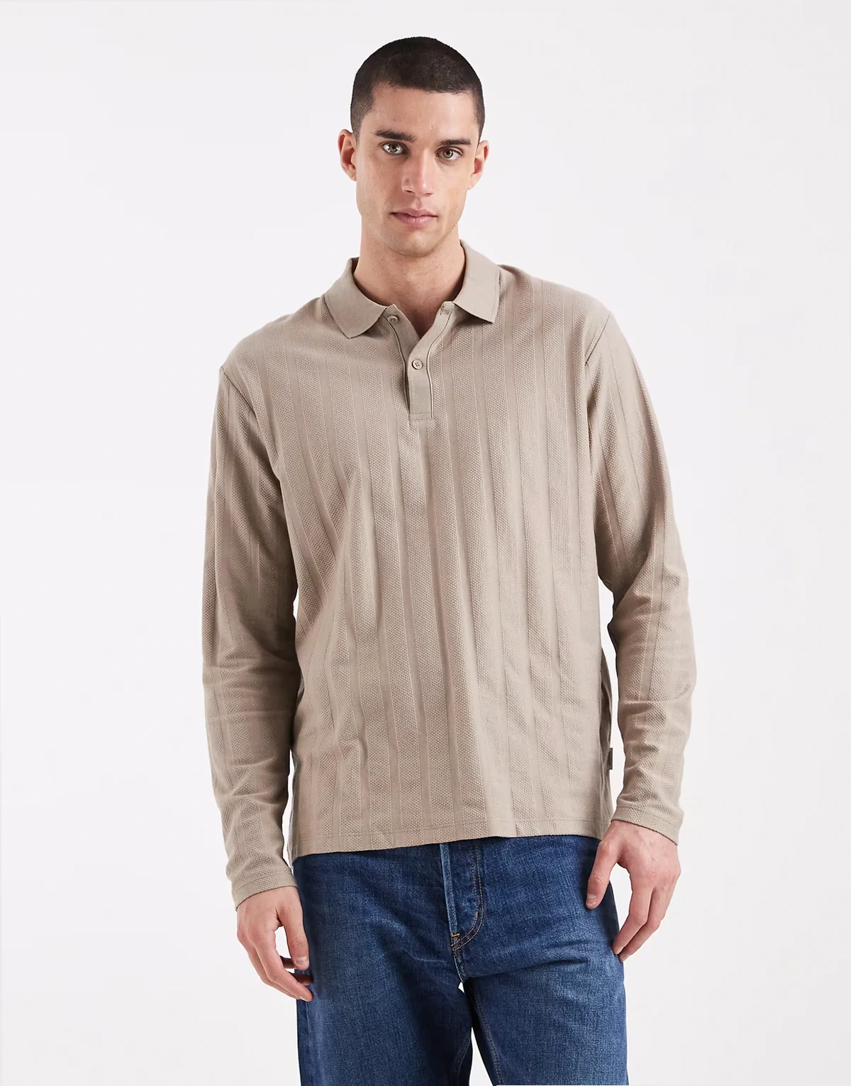 textured long sleeve polo in beige