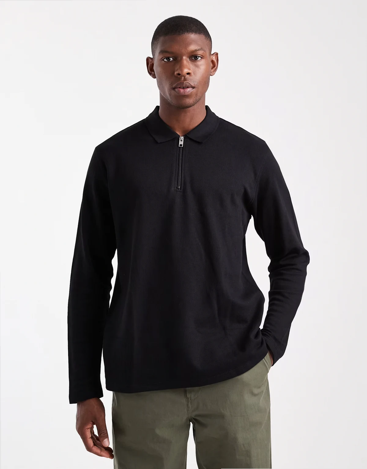 long sleeve textured polo in black