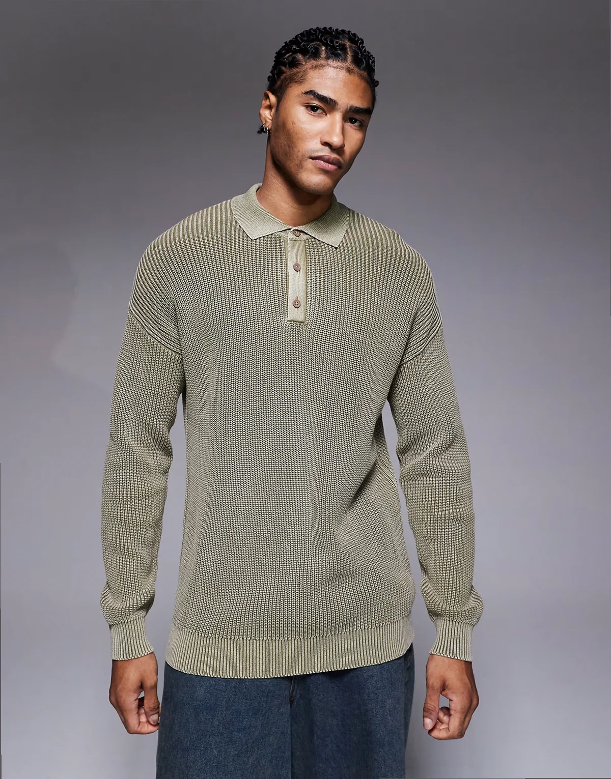 relaxed knit ribbed polo sweater in khaki acid wash