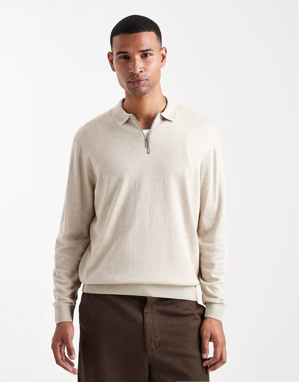 quarter zip knit polo in beige