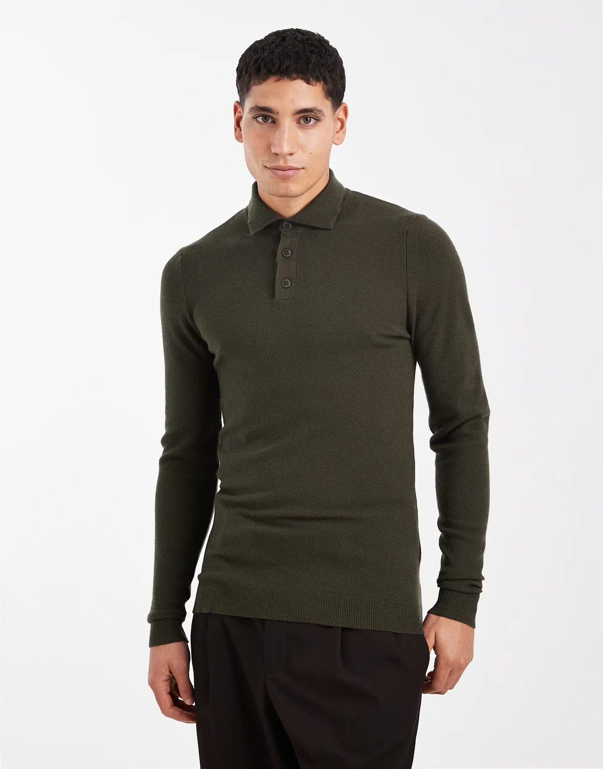 muscle fit knit textured polo in dark green