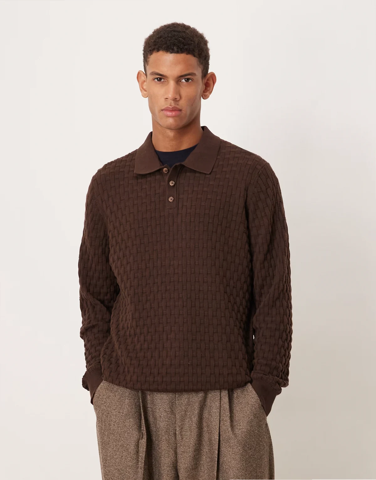 knit textured long sleeve polo in brown