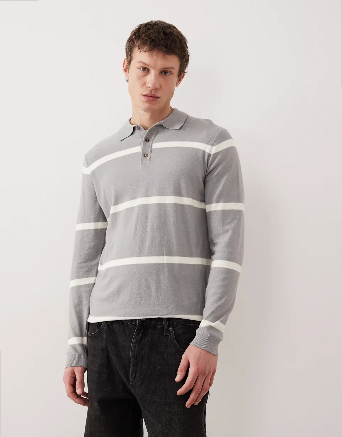 knit long sleeve polo in gray and ecru stripe