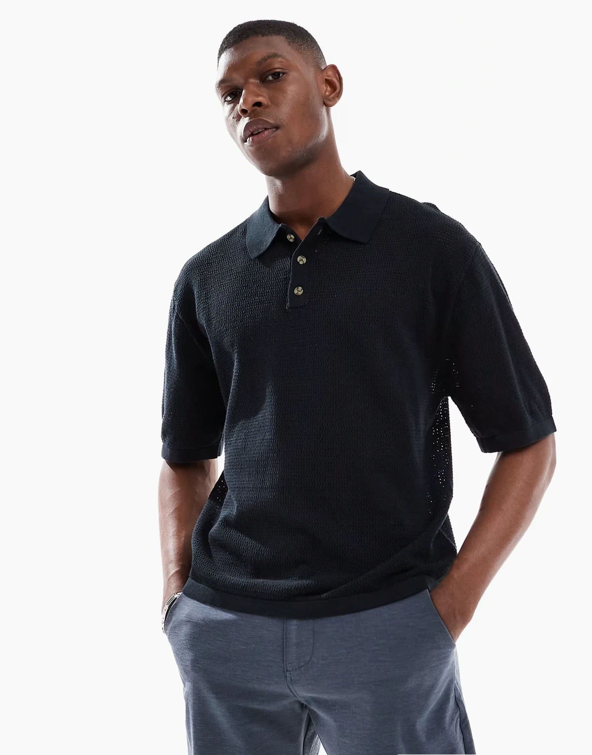 short sleeve knit polo in black