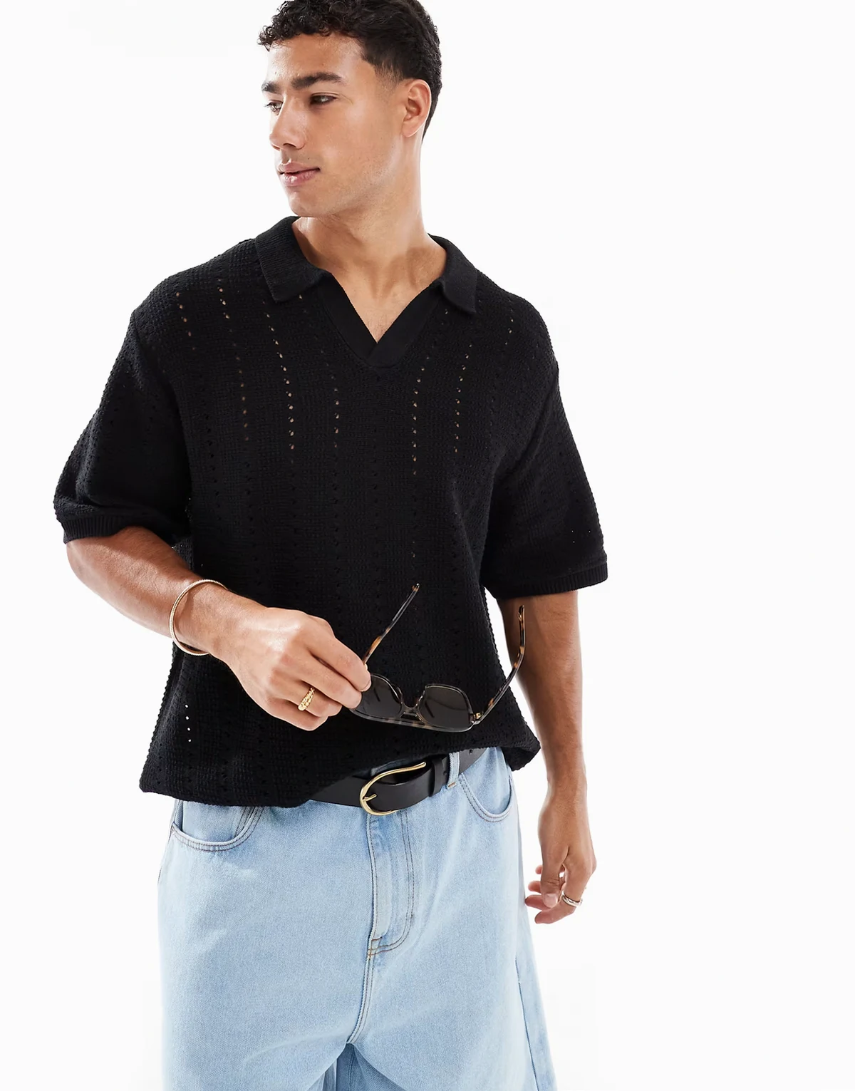 split neck crochet polo shirt in black