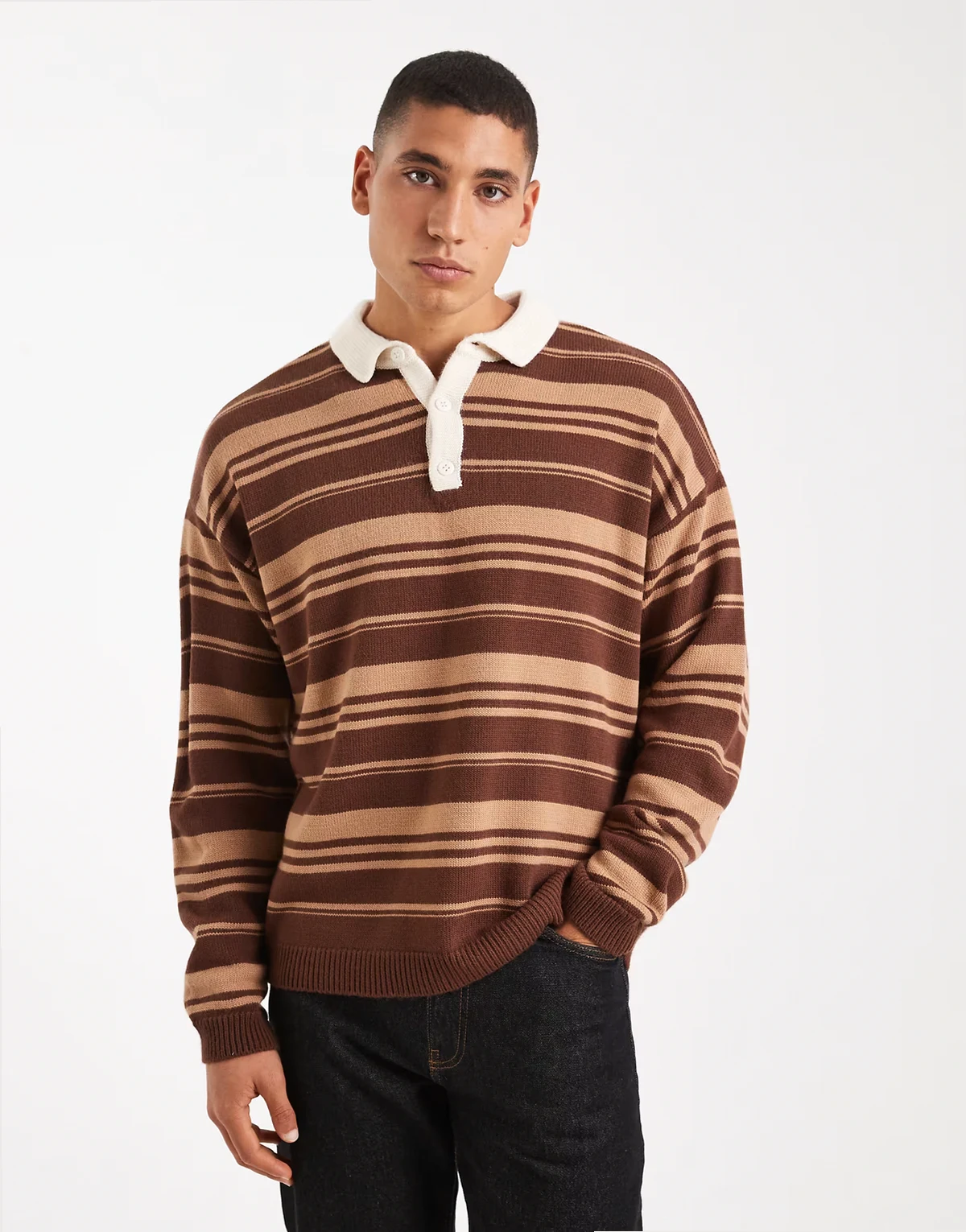 relaxed knitted stripe rugby polo in brown and taupe