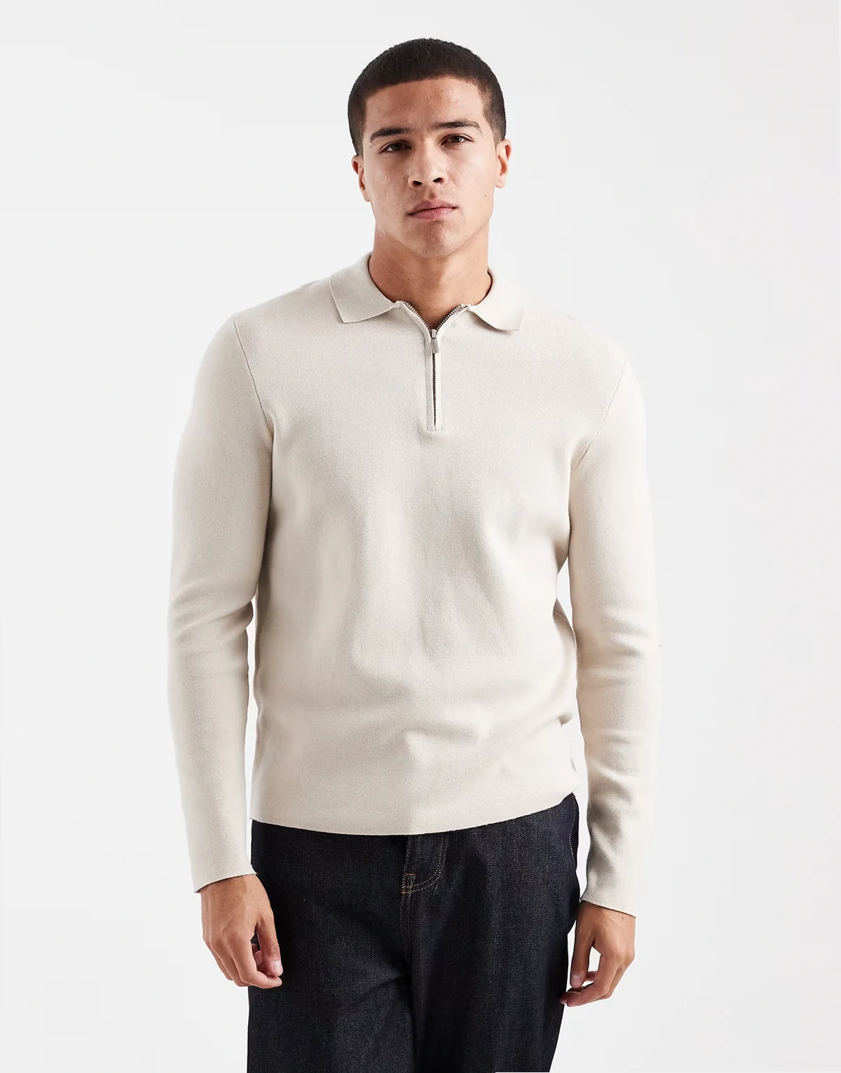 knit half zip polo top in stone