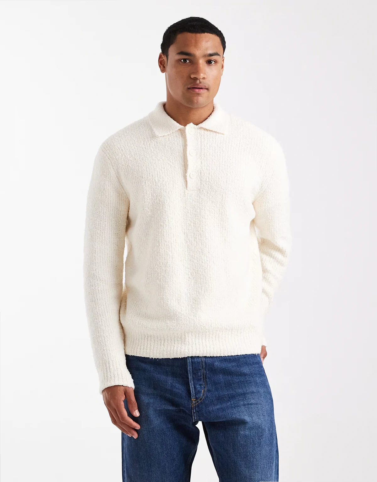 relaxed fit fisherman knit polo sweater in cream