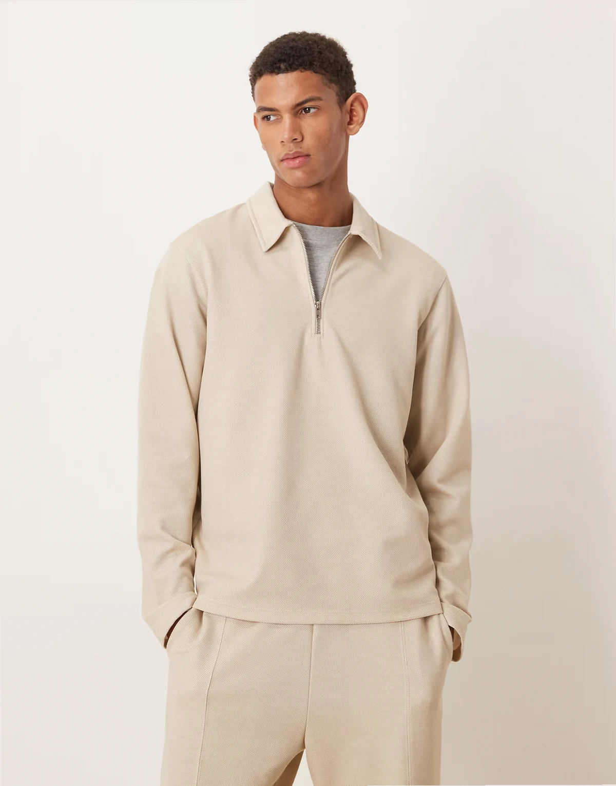 long sleeve half zip pique polo shirt in beige - part of a set