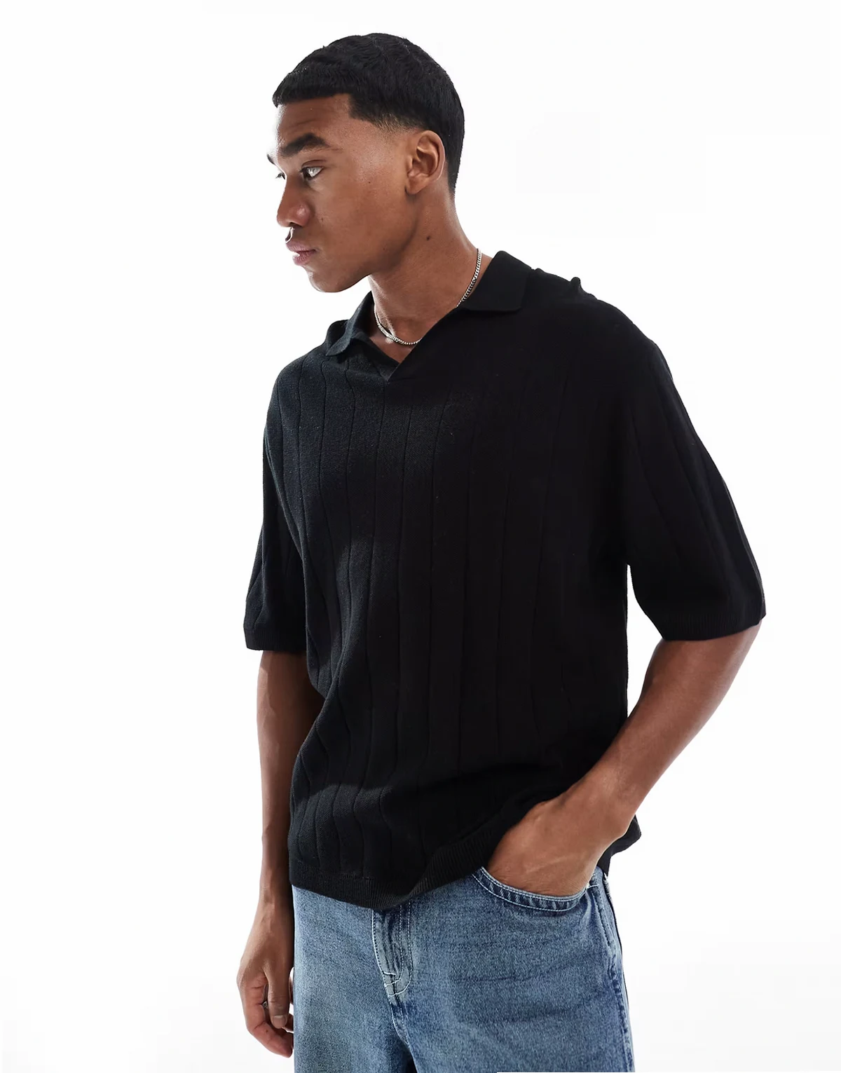 open neck polo in rib in black