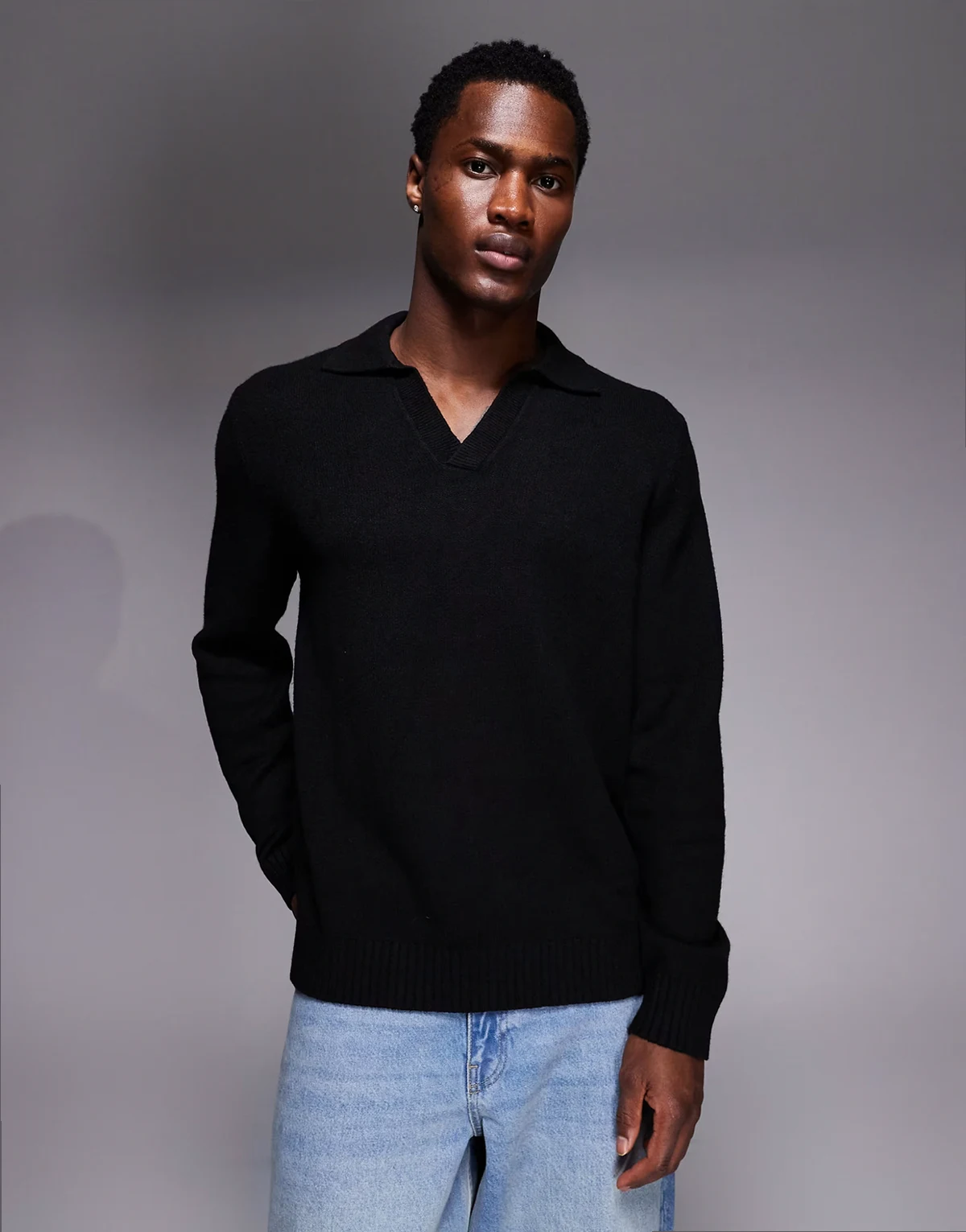 relaxed knit fluffy notch neck polo sweater in black