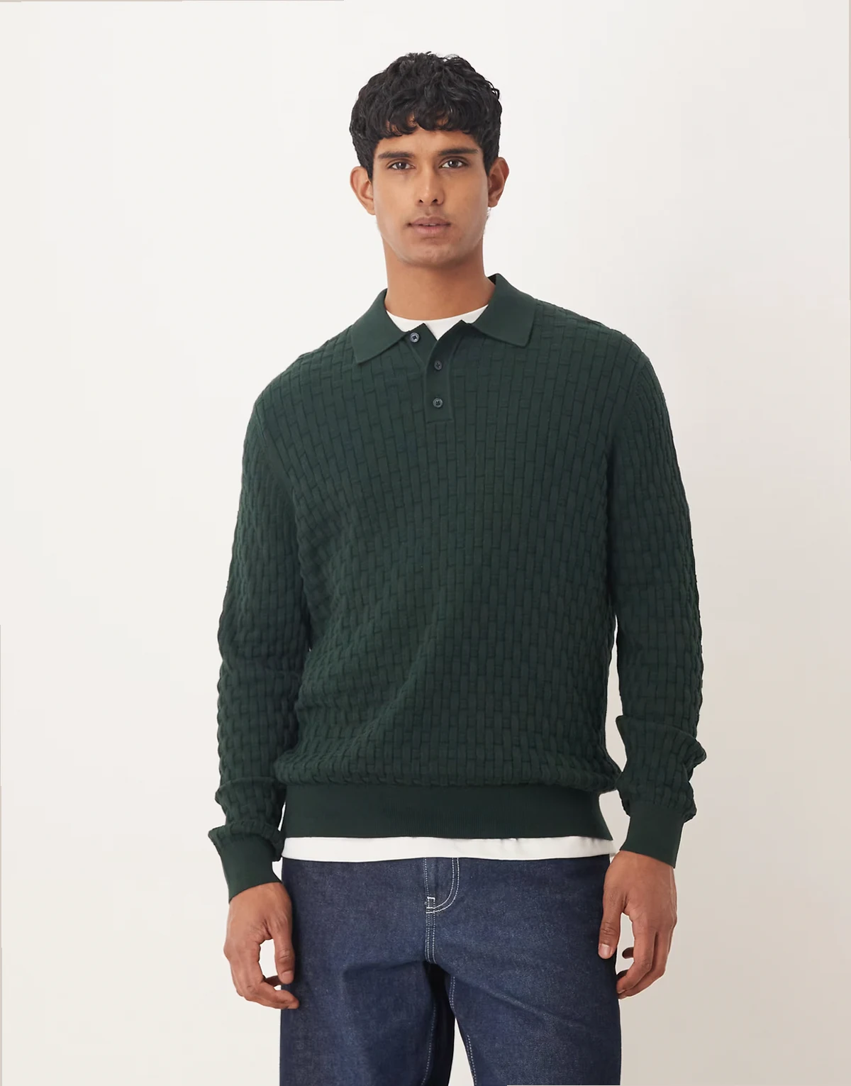 relaxed long sleeve knit textured polo in dark green