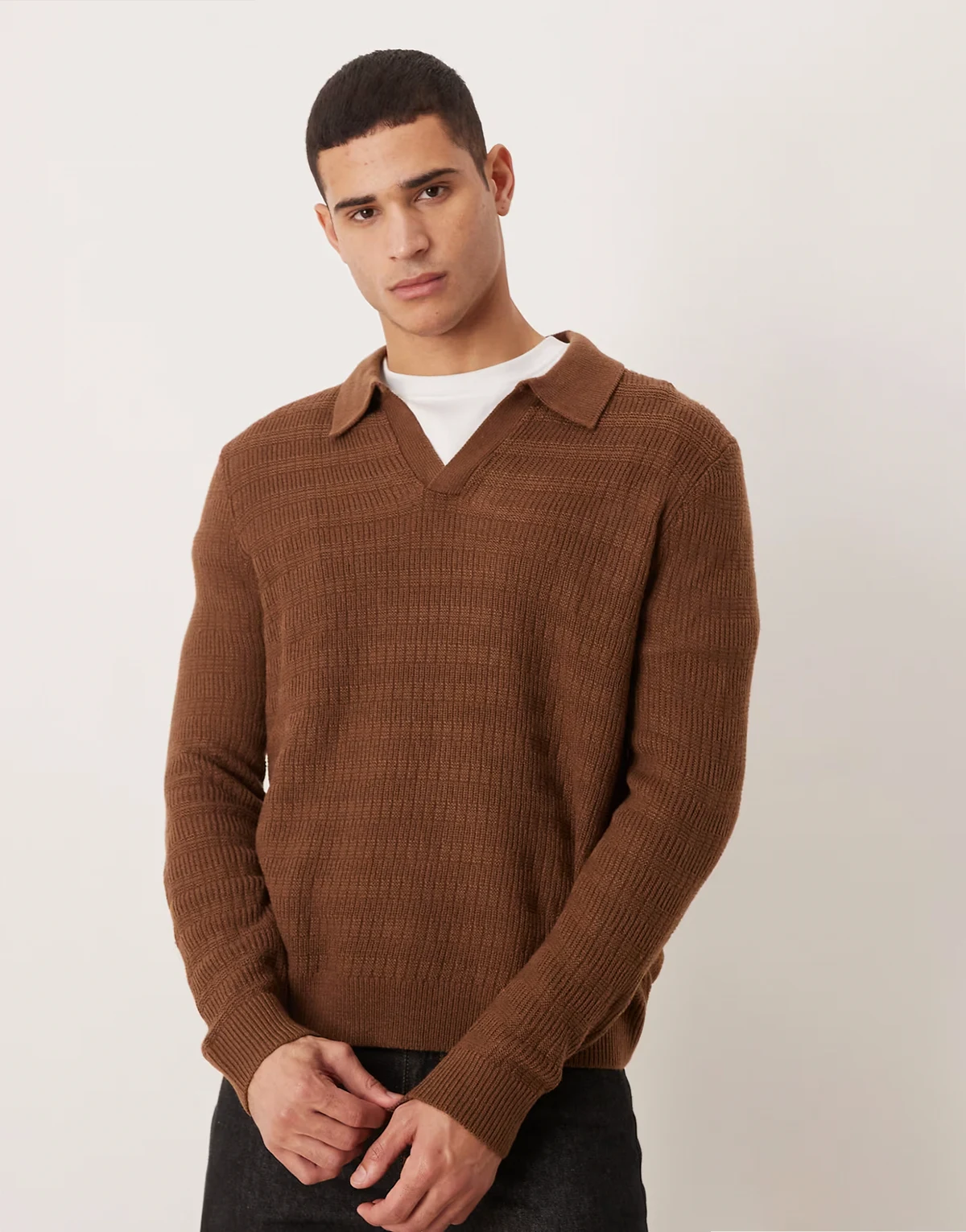 knit long sleeve basket stitch notch neck polo in brown